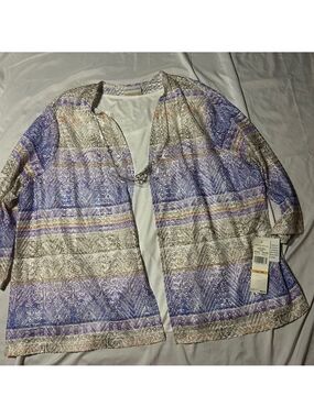 Alfred Dunner Top 3/4 Sleeve Layered White Purple Necklace Attached Size 3X NWT